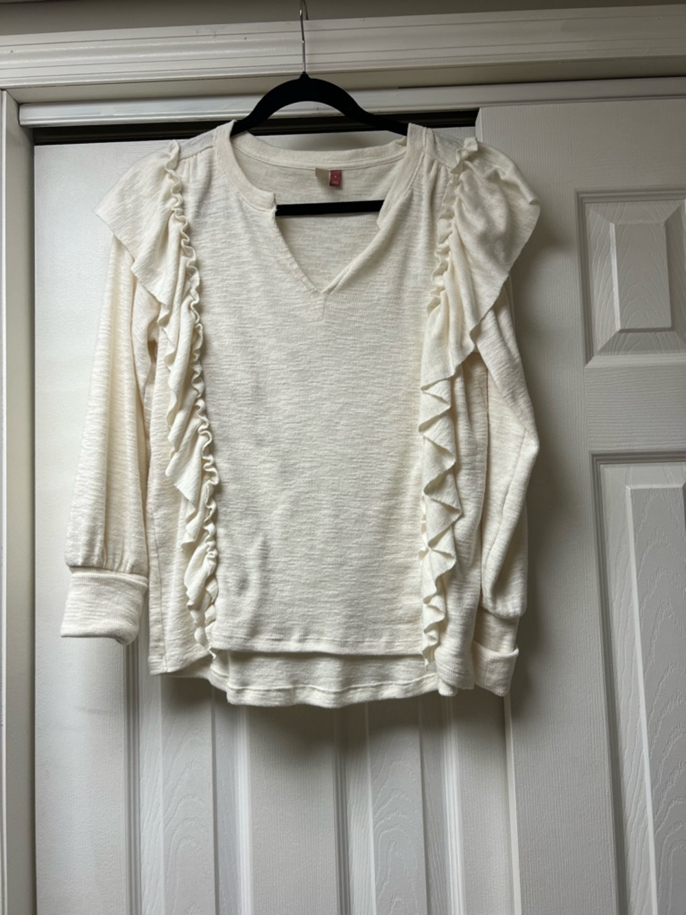 Anthropologie Cream Ruffle-Trim V-Neck Long Sleeve Top